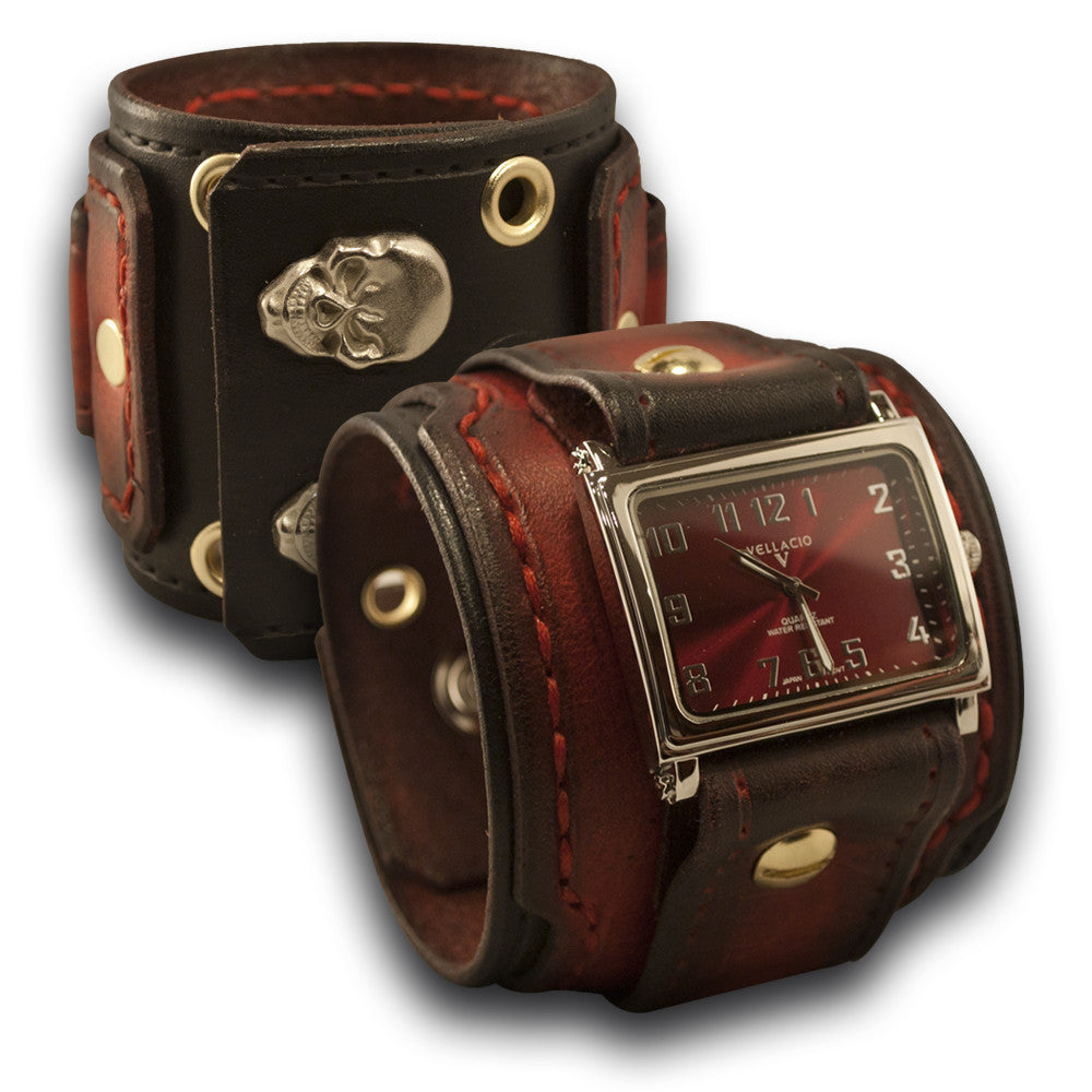 Red &amp; Black Layered Leather Cuff Watch with Skull Snaps &amp; Eyelets-Leather Cuff Watches-Rockstar Leatherworks™