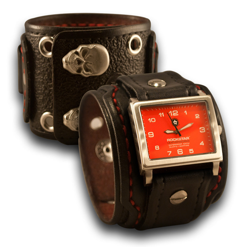 Black Layered Cuff Watch w/ 42mm, Eyelets &amp; Skull Snaps-Leather Cuff Watches-Rockstar Leatherworks™