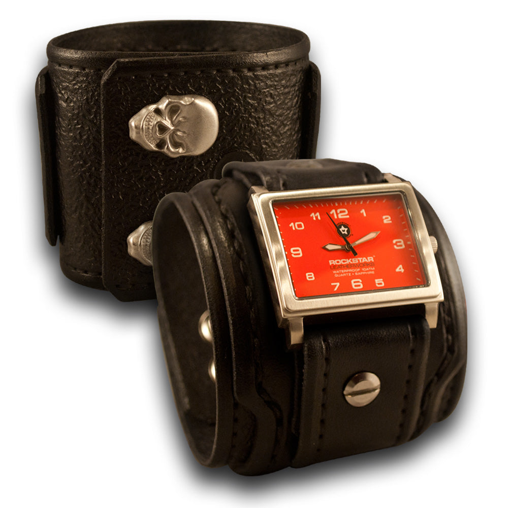 Black Layered Leather Cuff Watch with Red 42mm &amp; Skull Snaps-Leather Cuff Watches-Rockstar Leatherworks™