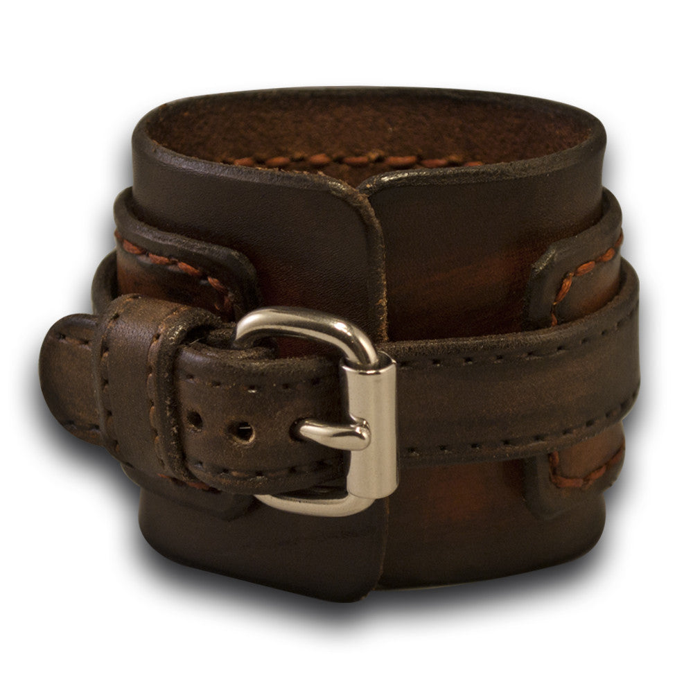 Brown Stressed Layered Leather Cuff Watch with Rust Stitching-Leather Cuff Watches-Rockstar Leatherworks™