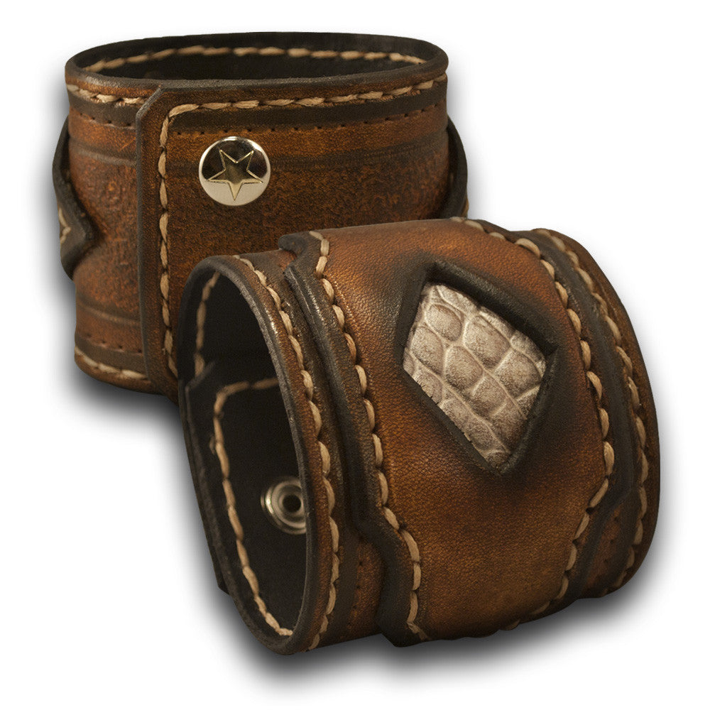 Brown Layered &amp; Stitched Leather Cuff Wristband with Inlay-Leather Cuffs &amp; Wristbands-Rockstar Leatherworks™