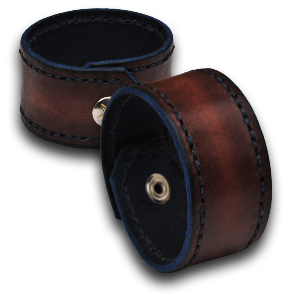 Mahogany Leather Cuff Wristband with Blue Stitching and Snap-Leather Cuffs &amp; Wristbands-Rockstar Leatherworks™