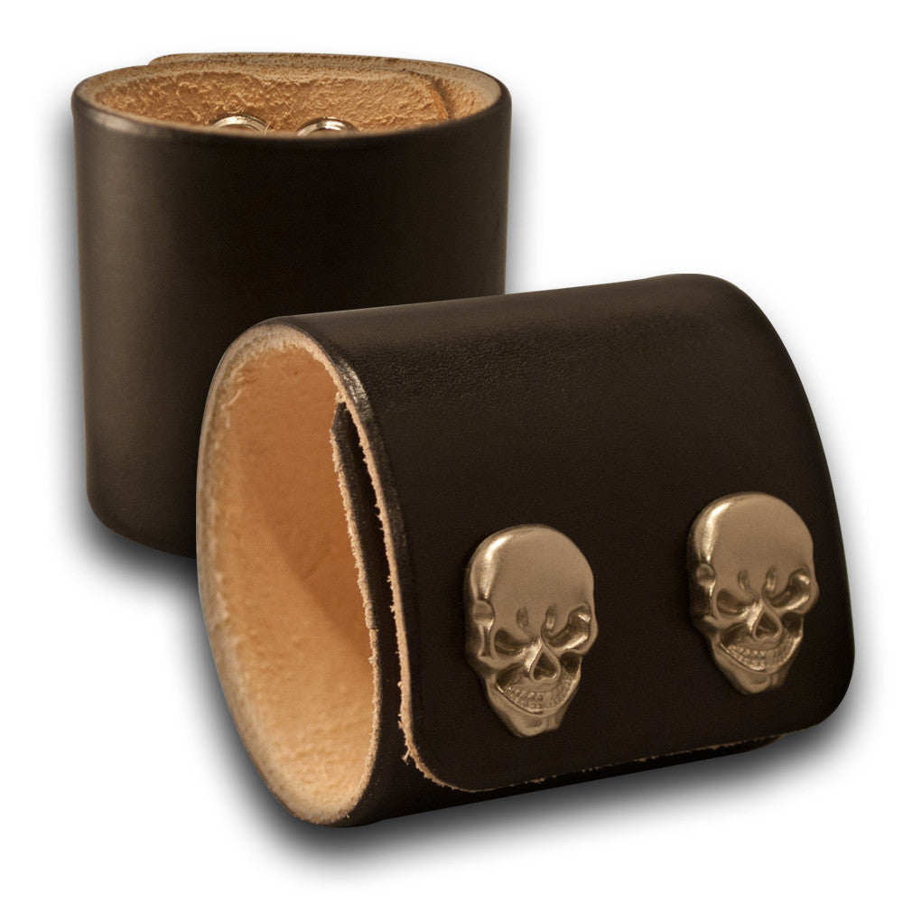 Black Leather Cuff Wristband with Skull Snaps-Leather Cuffs &amp; Wristbands-Rockstar Leatherworks™