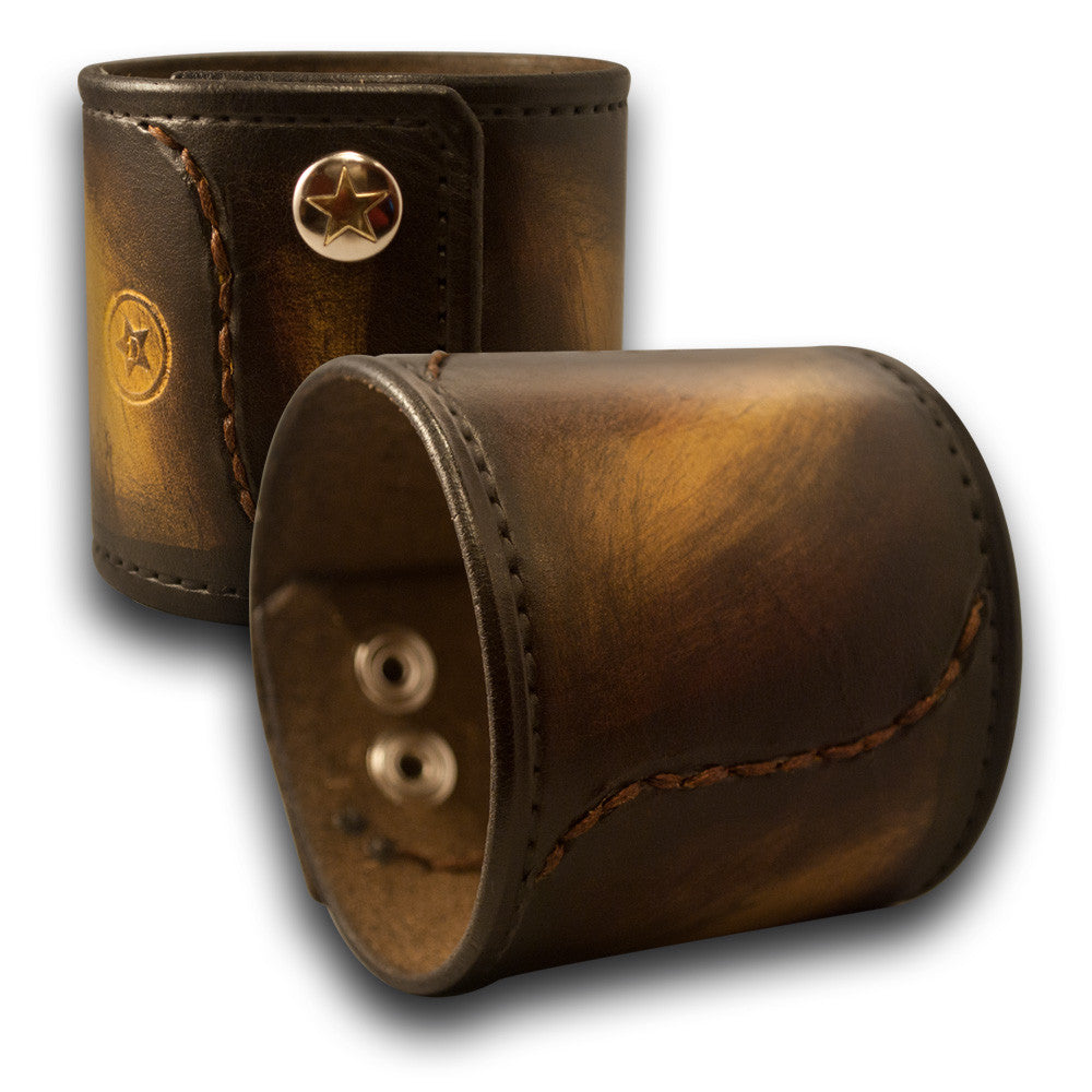 Mahogany, Yellow &amp; Black Stressed Leather Cuff with Star Snaps-Leather Cuffs &amp; Wristbands-Rockstar Leatherworks™