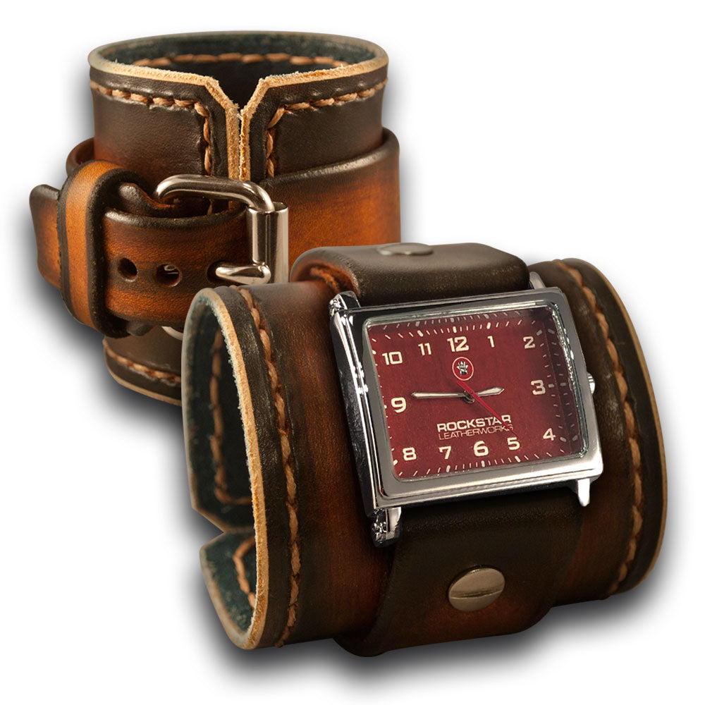 Range Tan Leather Cuff Watch with Stitching and Stainless Buckle-Leather Cuff Watches-Rockstar Leatherworks™