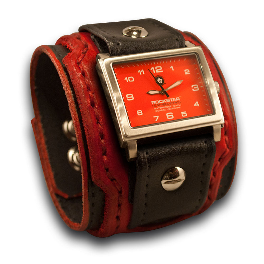 Black & Red Layered Leather Cuff Watch with Snaps-Leather Cuff Watches-Rockstar Leatherworks™