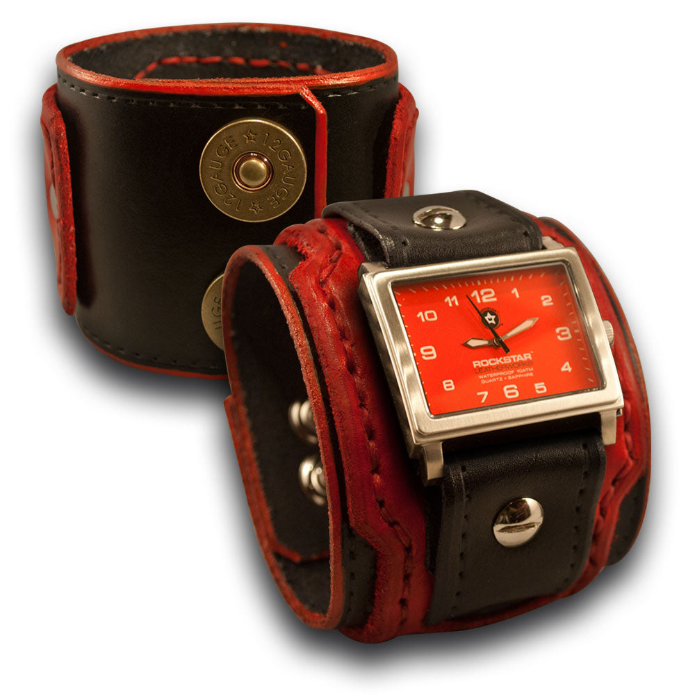 Black &amp; Red Layered Leather Cuff Watch with Snaps-Leather Cuff Watches-Rockstar Leatherworks™