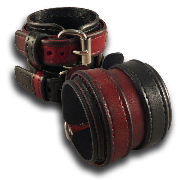 Red & Black Leather Double Strap Layered Wristband with Double Buckles